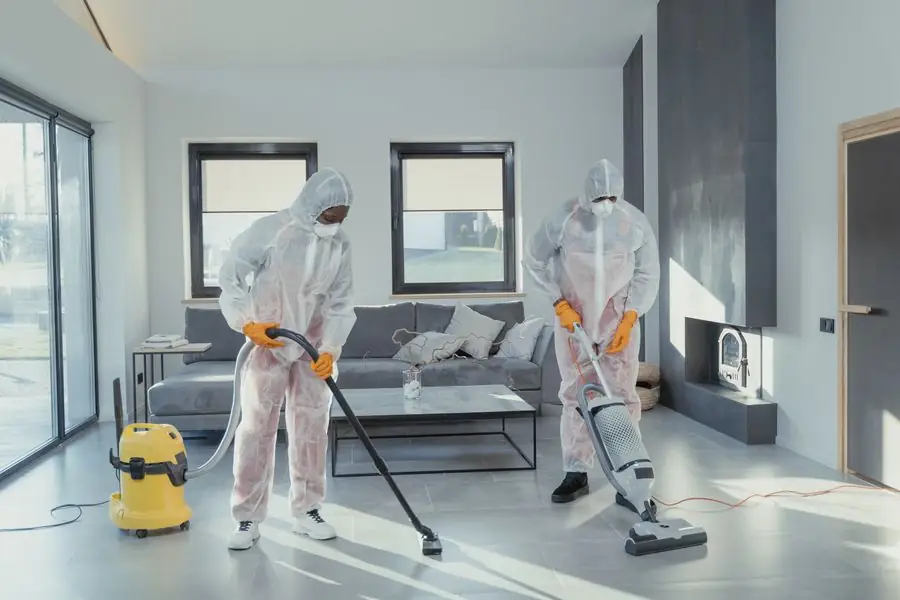 Equipo de limpieza con trajes de protección limpiando una vivienda tras la obra